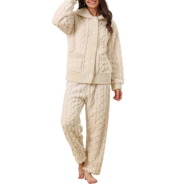Conjunto de pijama de felpa suave y cálido para mujer INSPIRE CHIC, con botones, de manga larga y con bolsillos, color beige