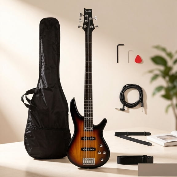 EDOEMSE Electric Bass Guitar Full Size 5-String Wooden and Synthetic Body Rosewood Fingerboard Adjustable Bridge