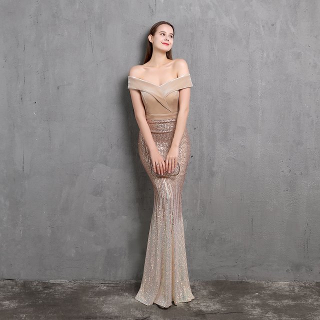 Vestido de noche clásico con cola de pez y hombros descubiertos para mujer, elegante, para banquetes, reuniones anuales, temperamento, terciopelo, aura, reina