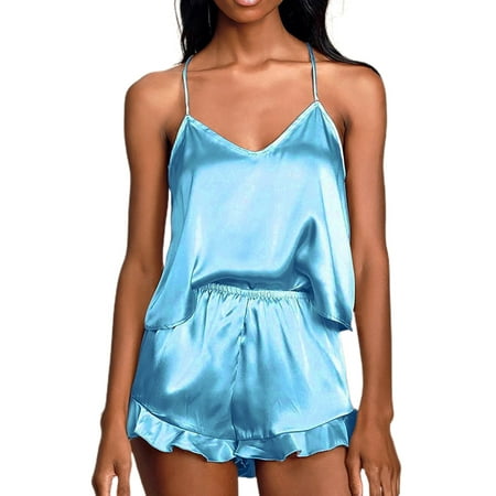 

Women Satin Silk Pajamas Sets 2Pcs V Neck Cami Top Ruffle Hem Shorts Sets Lingerie Sleepwear