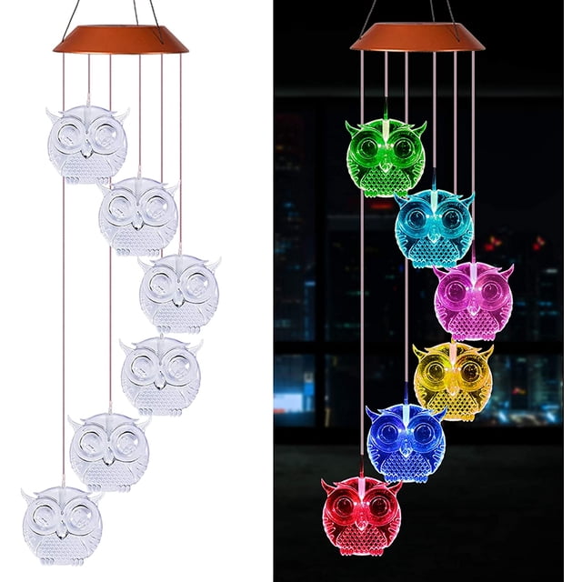 Luz solar de búho a prueba de agua, luz LED solar que cambia de color, campana de viento romántica móvil de búho, decoración de jardín nocturno