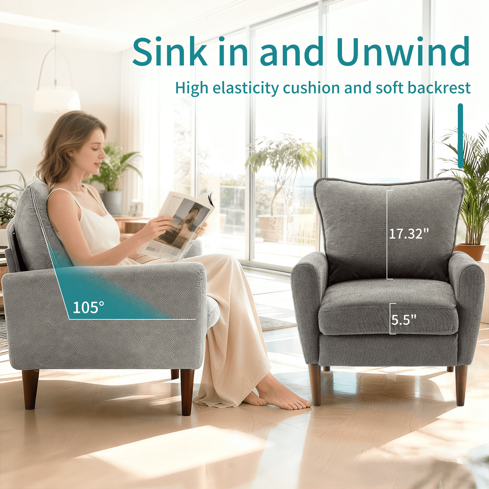Gianna Fabric Accent Chair with Supportive Backrest and Armrests, Modern Comfortable Chair for Living Room, Bedroom, or Office