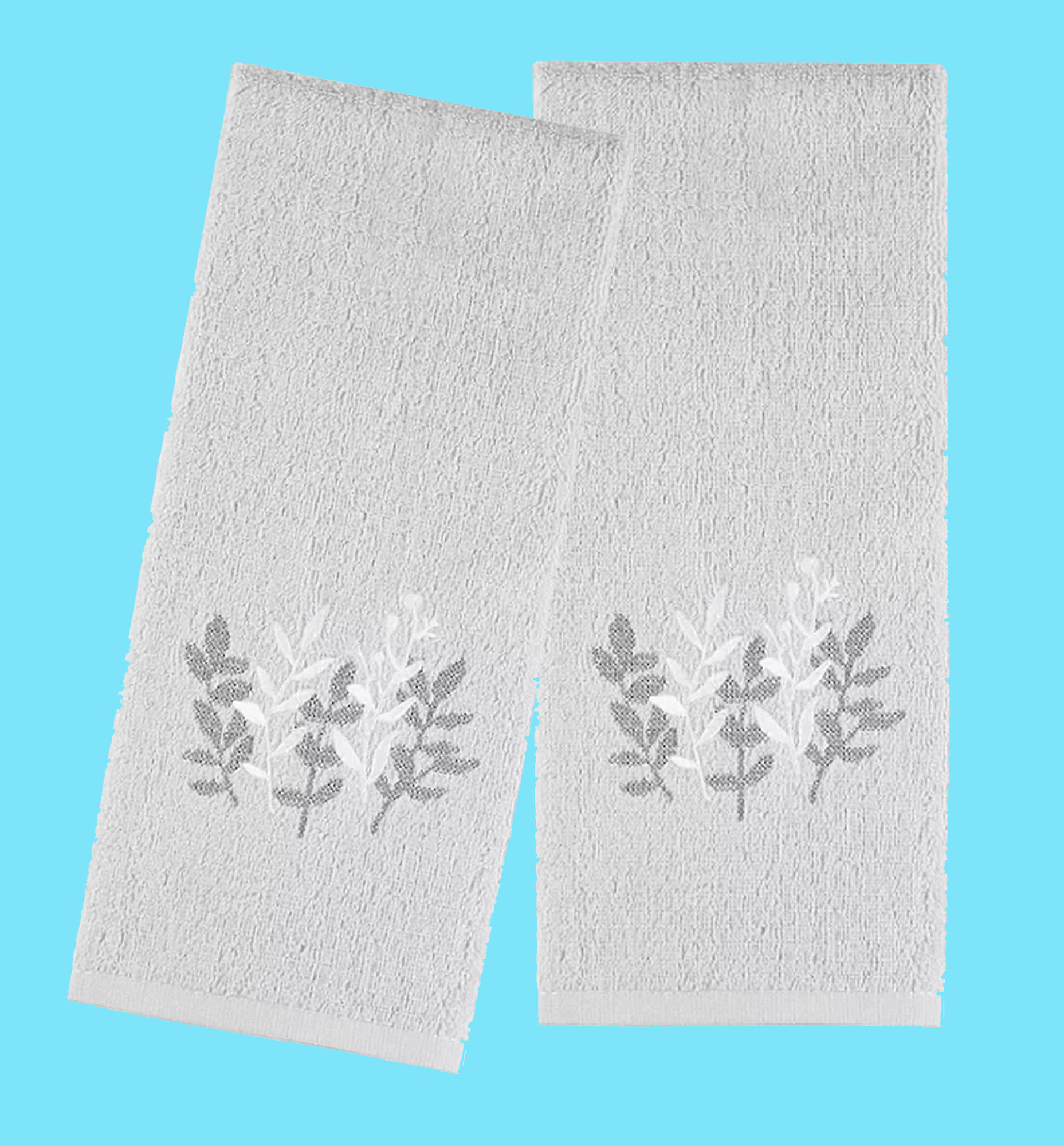 Gray Leaves Bath Hand Towels, 2 Piece, Embroidery Stems Bathroom The Big One