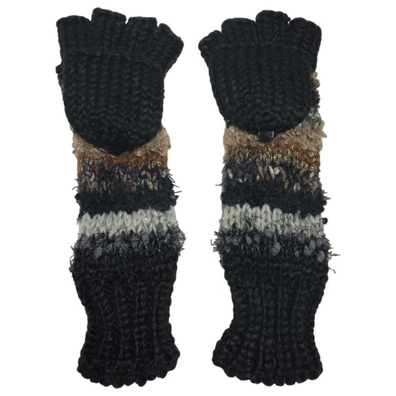Womens Silky Long Black & Brown Knit Convertible Fingerless Gloves & Mitten Tops