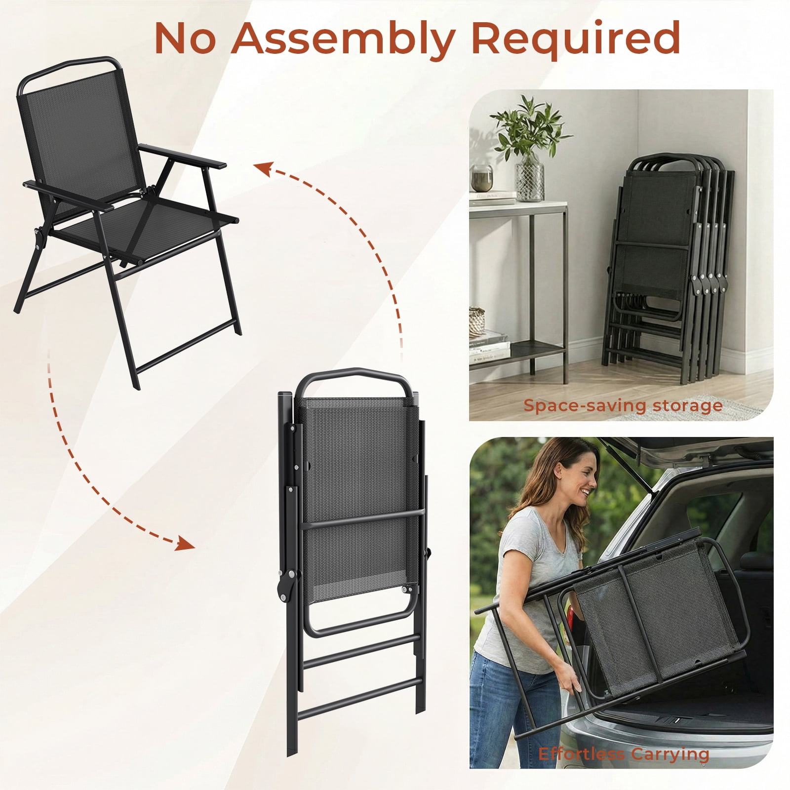 TLSUNNY 4 Pcs Patio Folding Chairs, Heavy-Duty Metal Frame W/ Armrests Portable Outdoor Foldable Chairs, Black