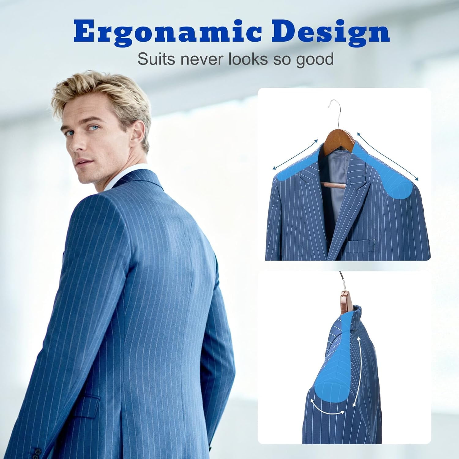 Solid Wood Wide Shoulder Hangers with Non-Slip Pants Bar, 360 °   Swivel Hook for Suits, Dresses, Jackets, and Heavy Clothes - 6 Pack (Walnut Finish)