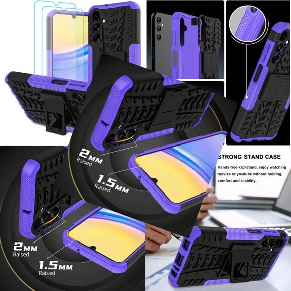 for Samsung Galaxy A15 5G Case with 2 Pack Screen ProtectorMilitary Grade Shockproof Heavy Duty Robust Bumper Cover with Kickstand for Galaxy A15 5G Phone Purple
