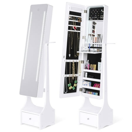 Jewelry Case Mirror Stand Best Choice Products Full Length Standing LED Mirrored Jewelry Makeup Storage Cabinet Armoire w/ Interior & Exterior Lights, Touchscreen, Shelf, Velvet Lining, 4 Compartments, Drawer, White ()