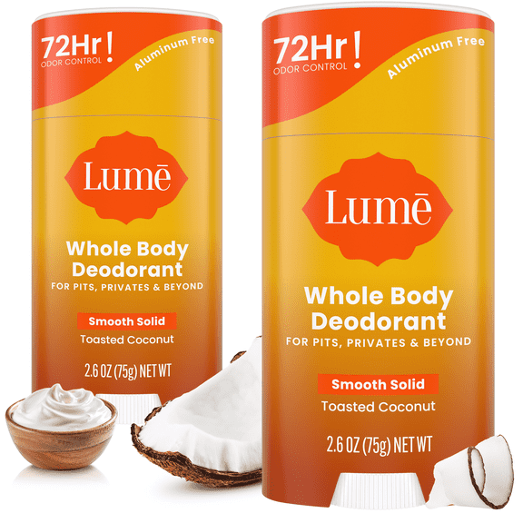 Lume Whole Body Deodorant Solid Stick - 72 Hour Odor Control - Aluminum Free, Baking Soda Free and Skin Safe - Toasted Coconut, 2.6oz (2 Pack)