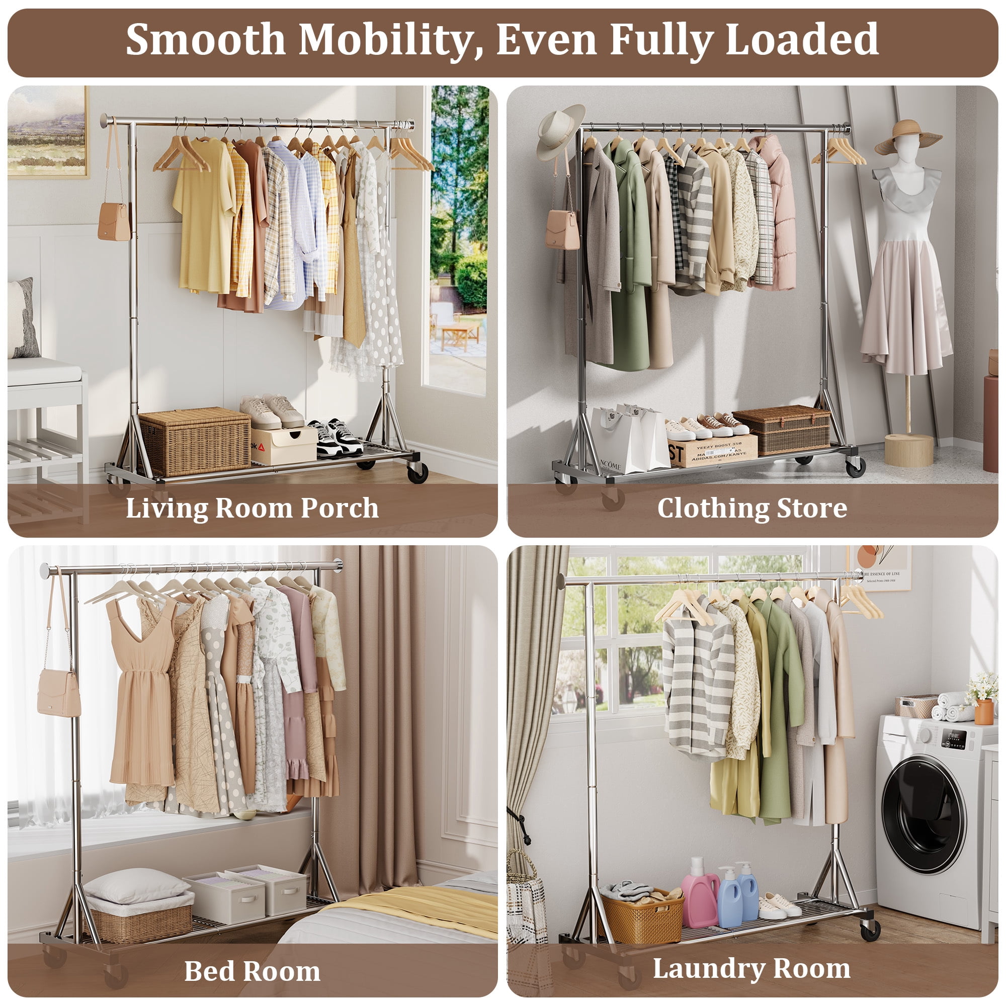Mr IRONSTONE Heavy Duty Clothes Rack, Rolling Garment Rack with Lockable Wheels and Bottom Shelf, Metal Closet Organizer for Bedroom Laundry, Silver