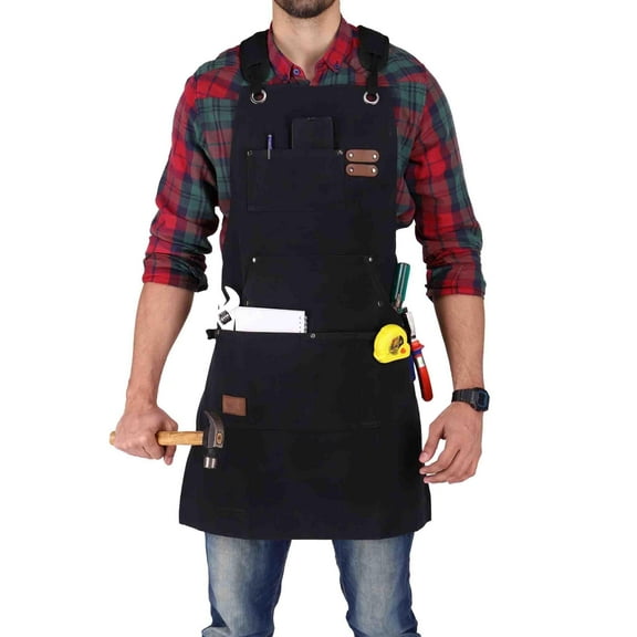 WHITEDUCK Canvas Work Apron for Men- Black- Woodworking Apron 24oz with Pockets & Cross Back Straps- Workshop, Mechanic, Multiuse Purpose Work