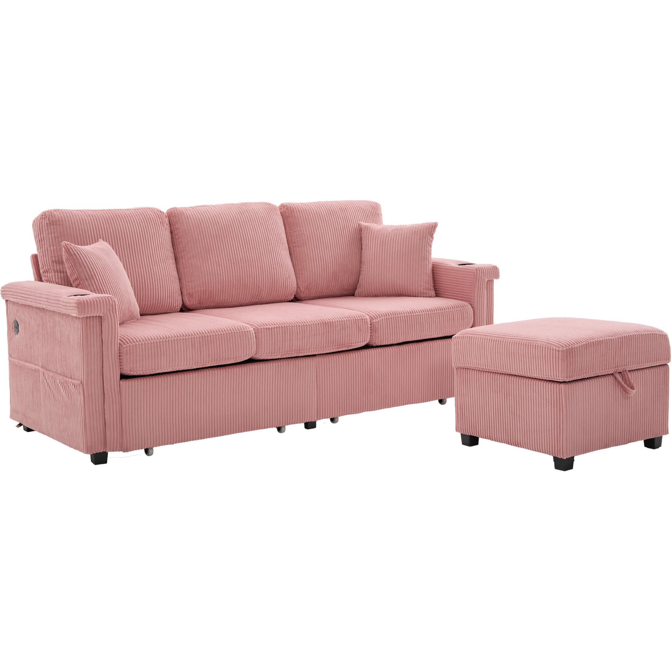 Noble House Elena 4-Seater L-Shaped Corduroy Sectional Sofa with Pull-Out Storage, Ottoman for Living Room, Pink
