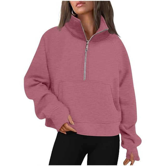 Half Zip Sweatshirt for Women Fleece Thumb Hole Pullover Tops Solid Color Warm Soft Outdoor Sweatshirts with Pockets Red M