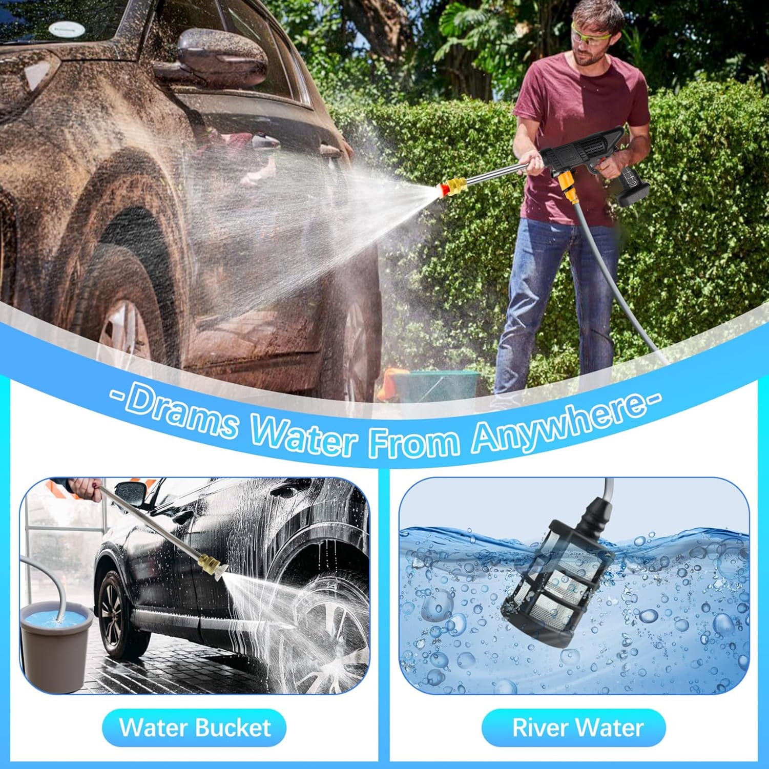 Byseng Cordless Pressure Washer, 500PSI Portable Cordless Powerful Washer with 48Vh Rechargeable Battery 5m Water Pipe