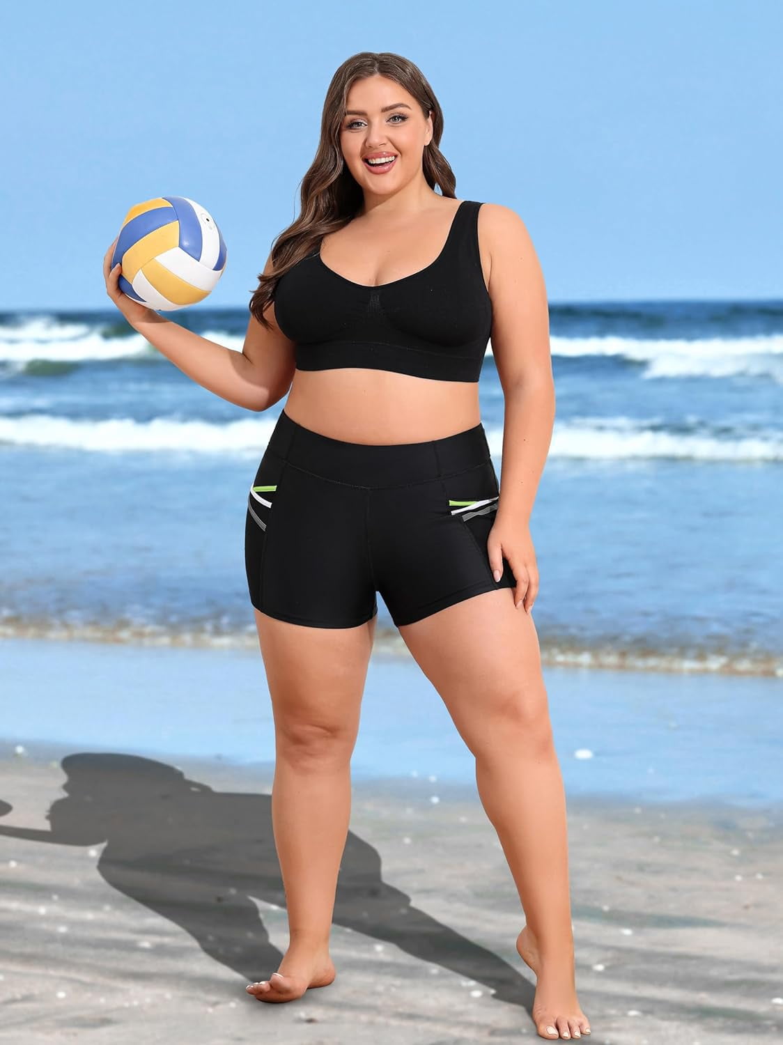 Alove Womens Solid Plus Size High Waisted Board Shorts Swim Trunks Big Shorts Swimwear Bottoms with Two Pockets