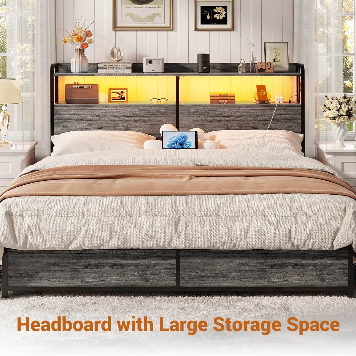 Homieasy Headboard for Queen Size Bed Frame, Headboards with Outlets, USB Ports and LED Light, Head Board with Storage, Height Adjustable, Sturdy and Stable Headboard, Black Oak