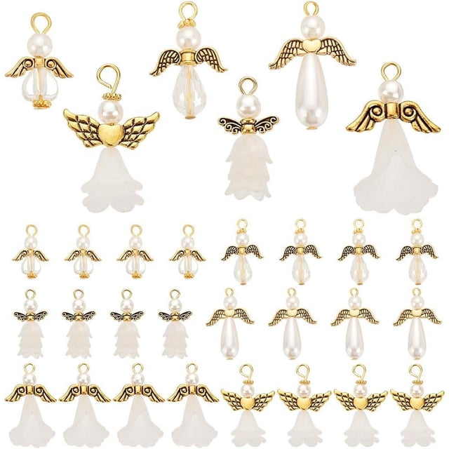 48 piezas de 6 estilos de dijes de alas de ángel, cuentas de pera blancas, tapas de flores con cuentas de alas doradas, cuentas de alas de ángel de hada, colgantes