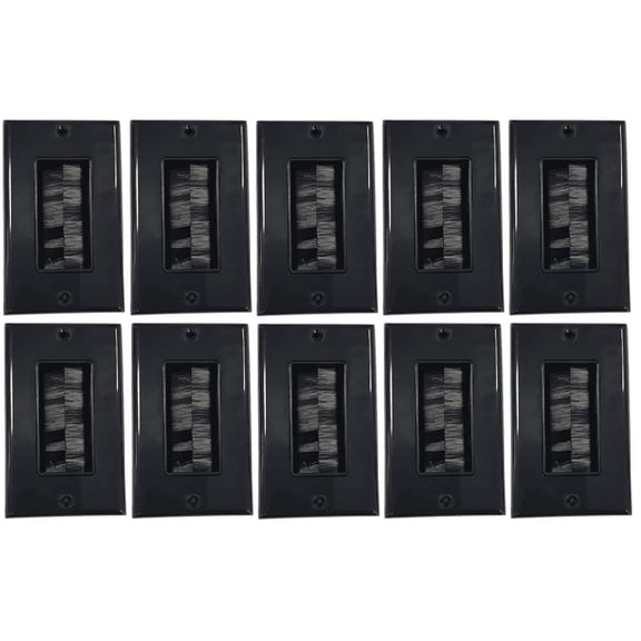 RiteAV - Single Gang Wall Plate with Brush Bristles - Black [Now Fits Larger Cables] - 10 Pack