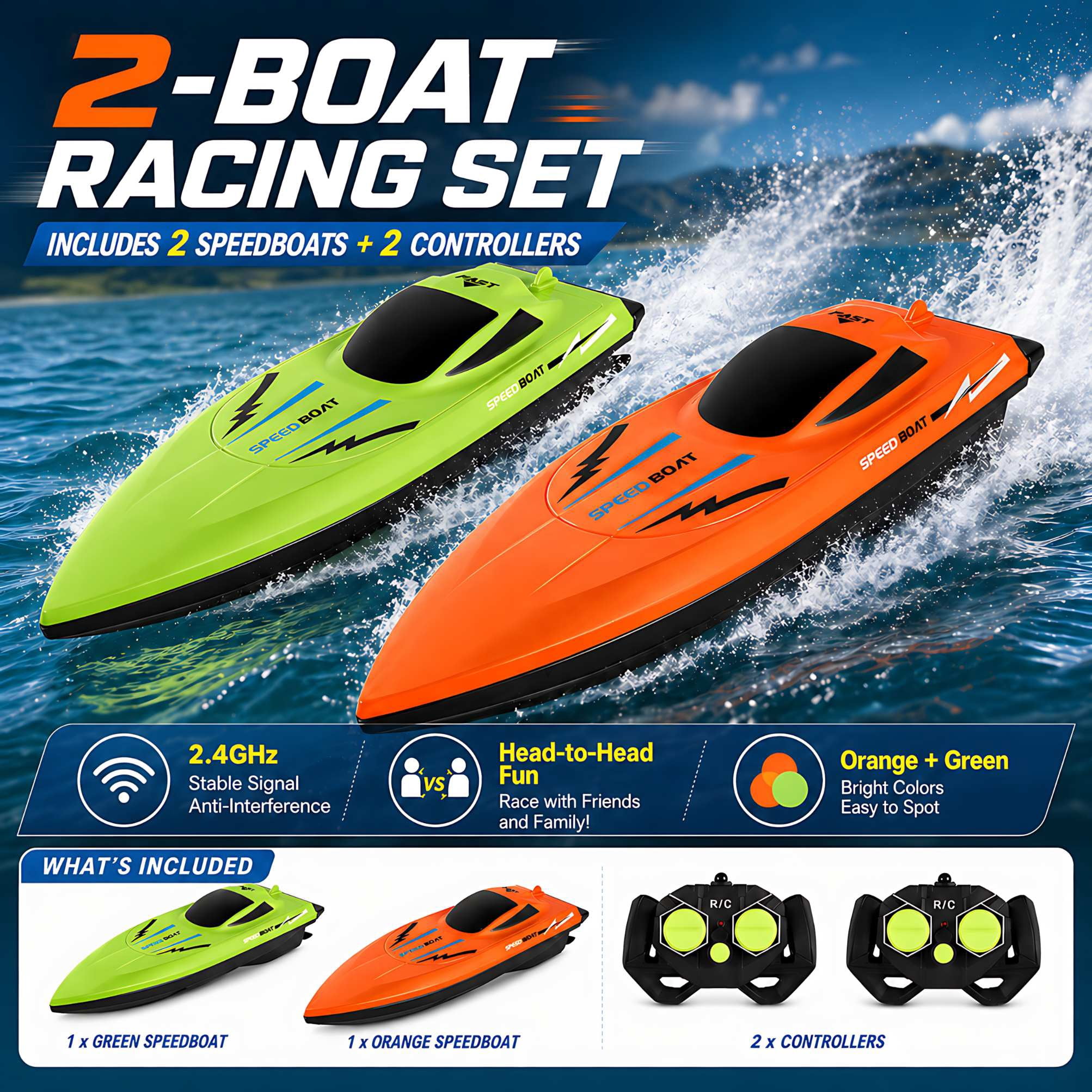 Remote Control Boat 2-Pack, 2.4G Dual Motor Speedboats for Pools and Lakes, Waterproof Outdoor Water Toy for Kids Age 6+, Orange & Green