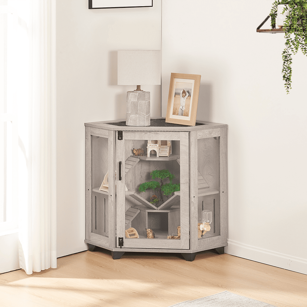 unipaws Chinchillas Cage with Ramp, Rat Cage with House, Critter Nation Cage for Hamster, Mice, Clear Acrylic, Corner Small Animal Cage