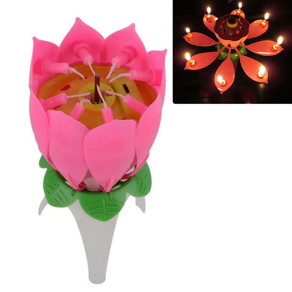 1Pcs Party Cake Topper Musical Blooming Lotus Flower Double-deck Birthday Candle 