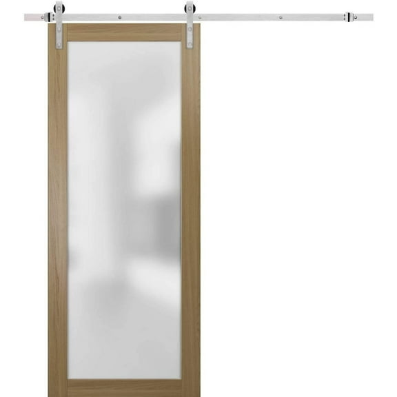 Sturdy Barn Door Frosted Glass with Hardware | Planum 2102 Honey Ash | Stainless Steel 6.6FT Rail Hangers Heavy Set | Modern Solid Panel Interior Doors -36" x 96"-Silver Rail