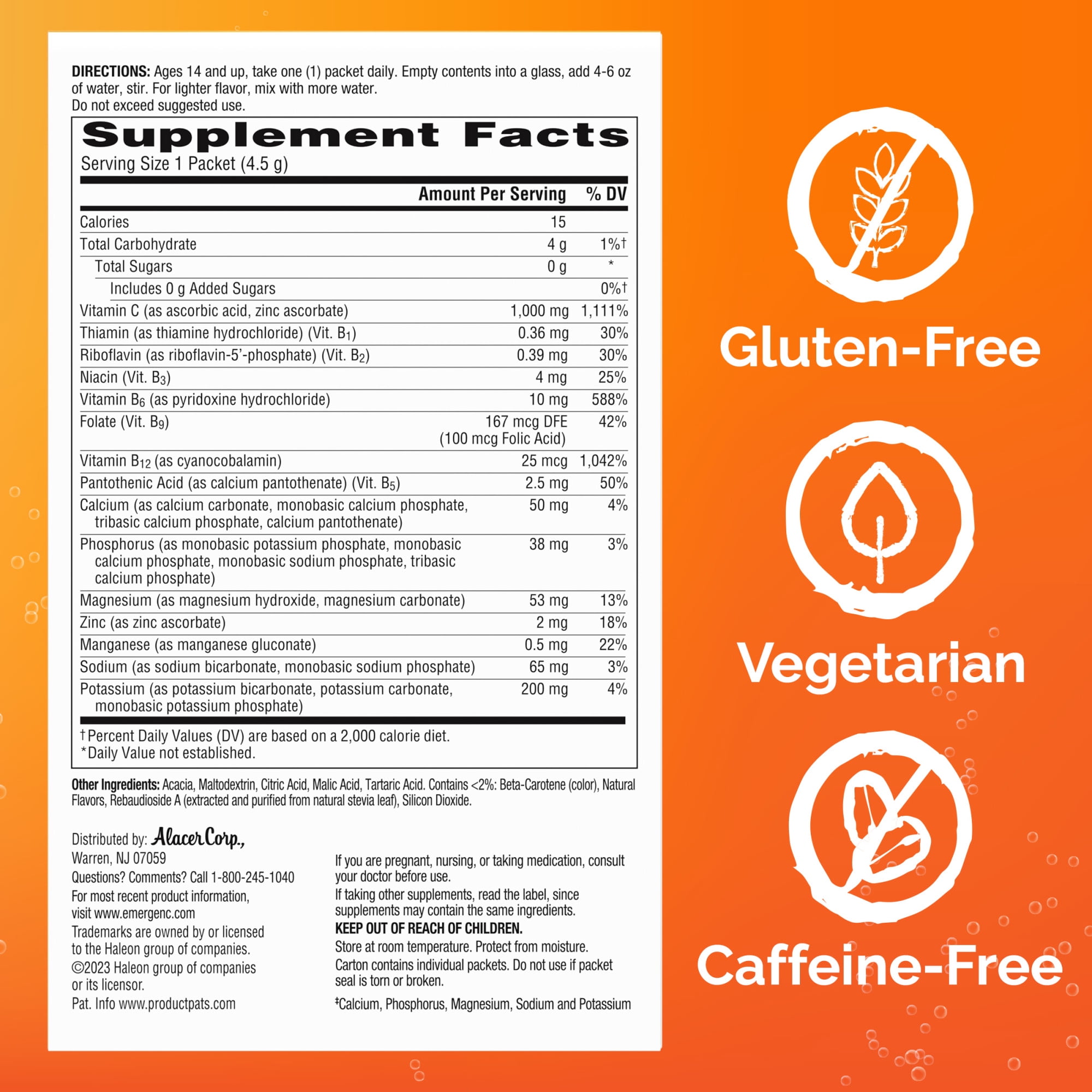 Emergen-C Zero Sugar 1000 mg Vitamin C Powder for Daily Immune Support, Tropical Citrus Flavor - 18 Count