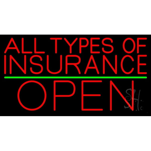 All Types Of Insurance Open Green Line LED Neon Sign 20 x 37 - inches, Black Square Cut Acrylic Backing, with Dimmer - Bright and Premium built indoor LED Neon Sign for Defence Force.