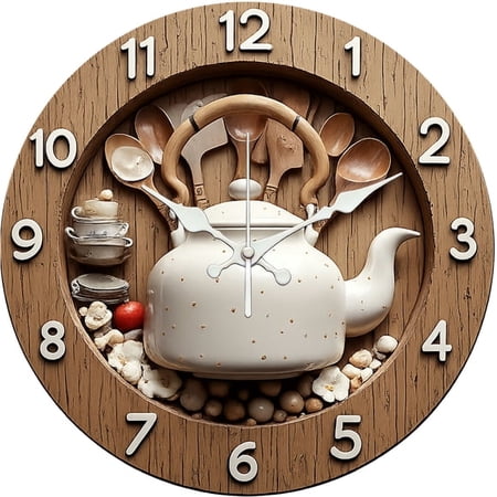 SBEMP10 Inch Silent Wall Clock, Teapot Wooden Kitchen Decorative Wall Clock, Battery Operated Non-Ticking Round Clock for Living Room Kitchen Home Decor