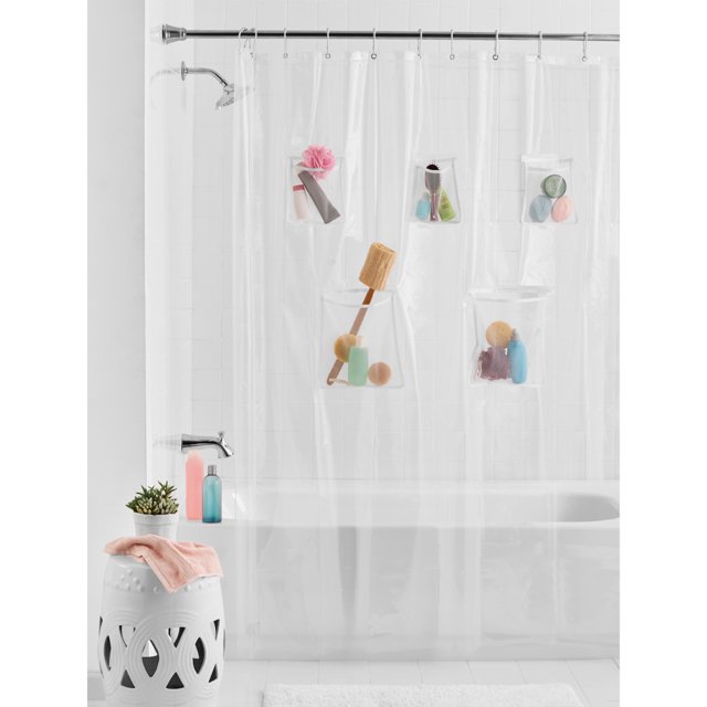 Clear PEVA Shower Curtain or Liner with Quick Dry Mesh Pockets, 70" x72