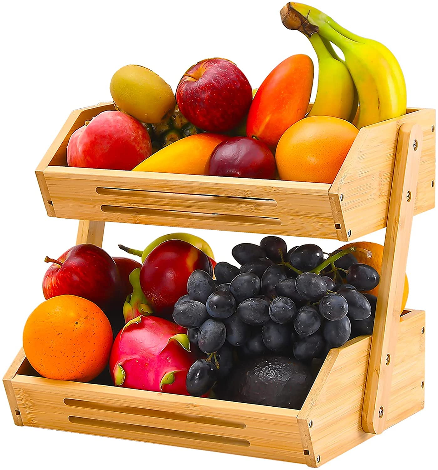 UPTRUST Fruit Basket, 2 Tier Bamboo Fruit Bowl for Kitchen Counter, 11" Tall Produce Storage Stand for Vegetables and Snack, 15 mm Thickness (Self-Assembly)