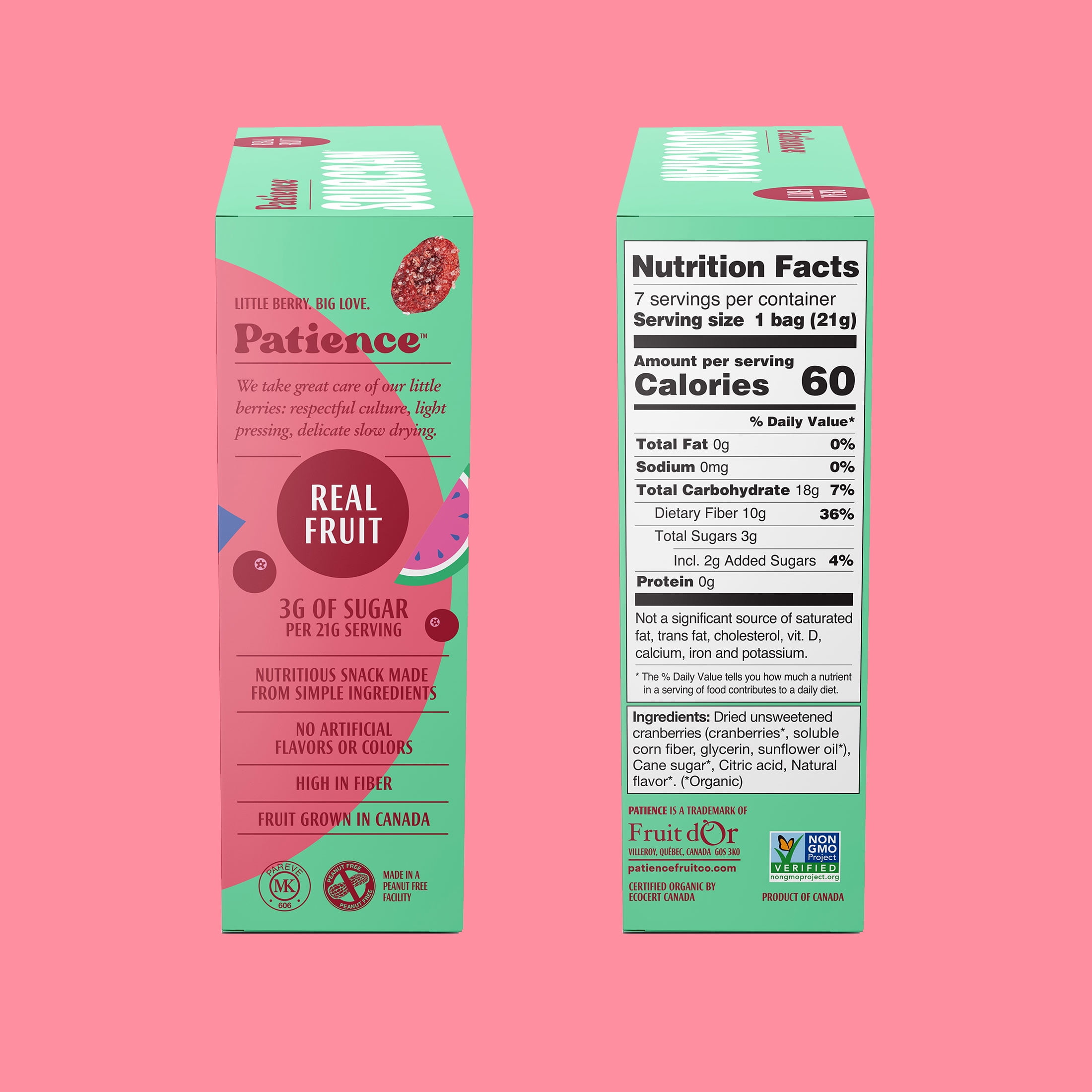 (2 pack) Patience SourCran Dried Cranberry Fruit Snack, Watermelon Flavor, 0.75 oz Pouch, 7 Count