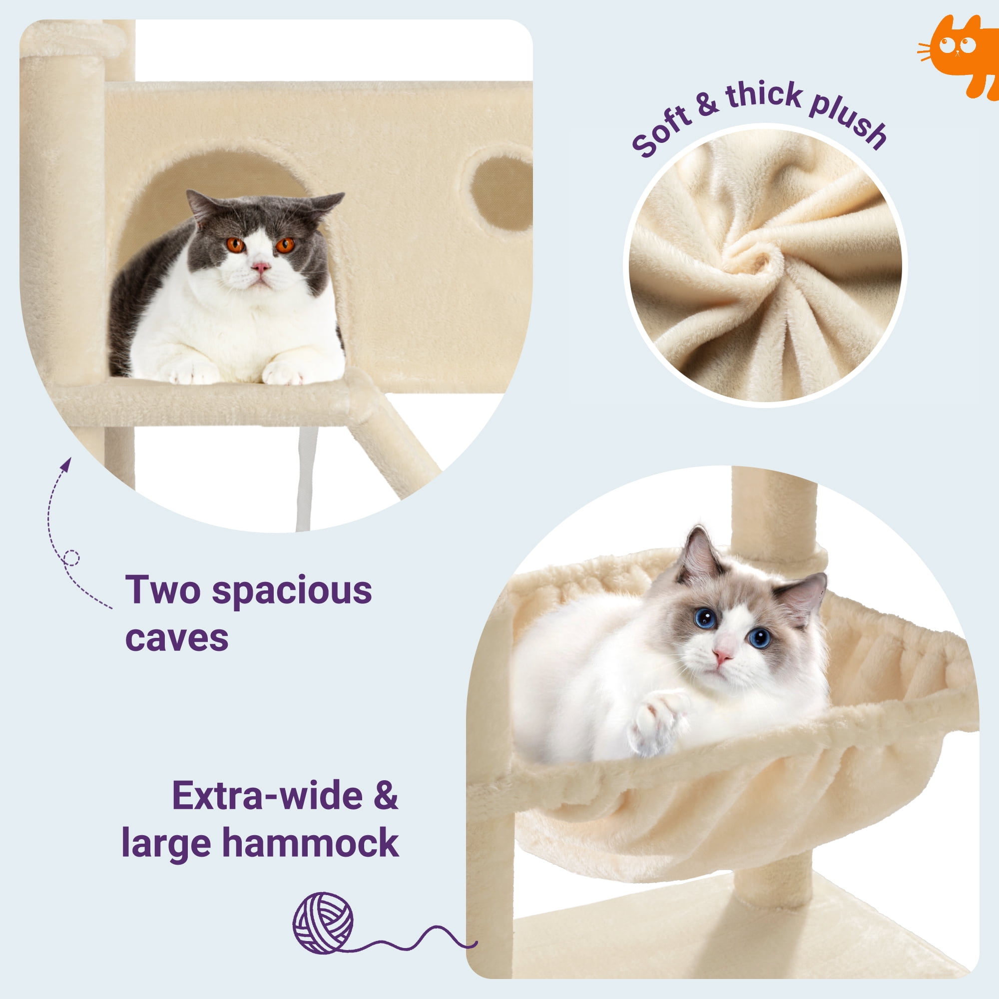 Allewie 81 Inches Multi-Level Tall Cat Tree for Large Cat, Cat Climbing Tree with Cat Condo and Hammock, Scratching Post, Wide Base, Beige