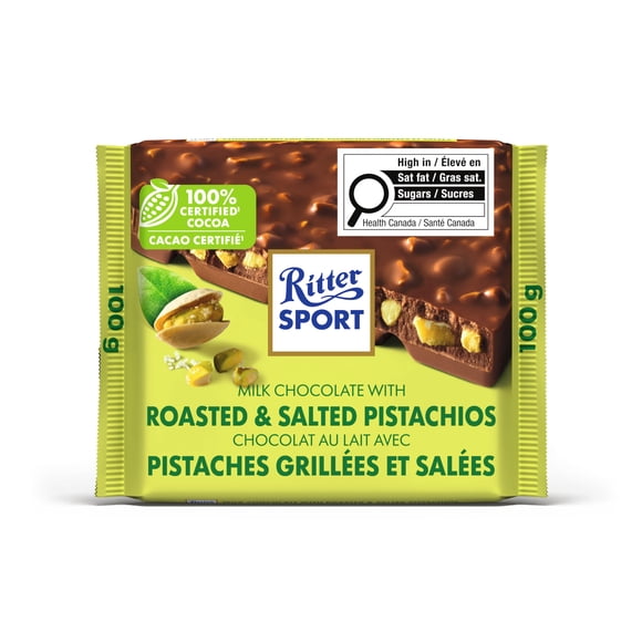 Chocolat au lait Ritter Sport aux pistaches grillées et salées with fruits à coque, lait, 100 G