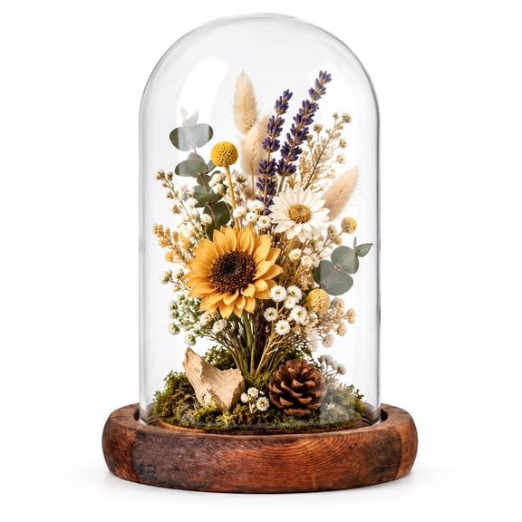 Glass Cloche with Wooden Base, Decorative Dome Display for Tabletop and Shelf