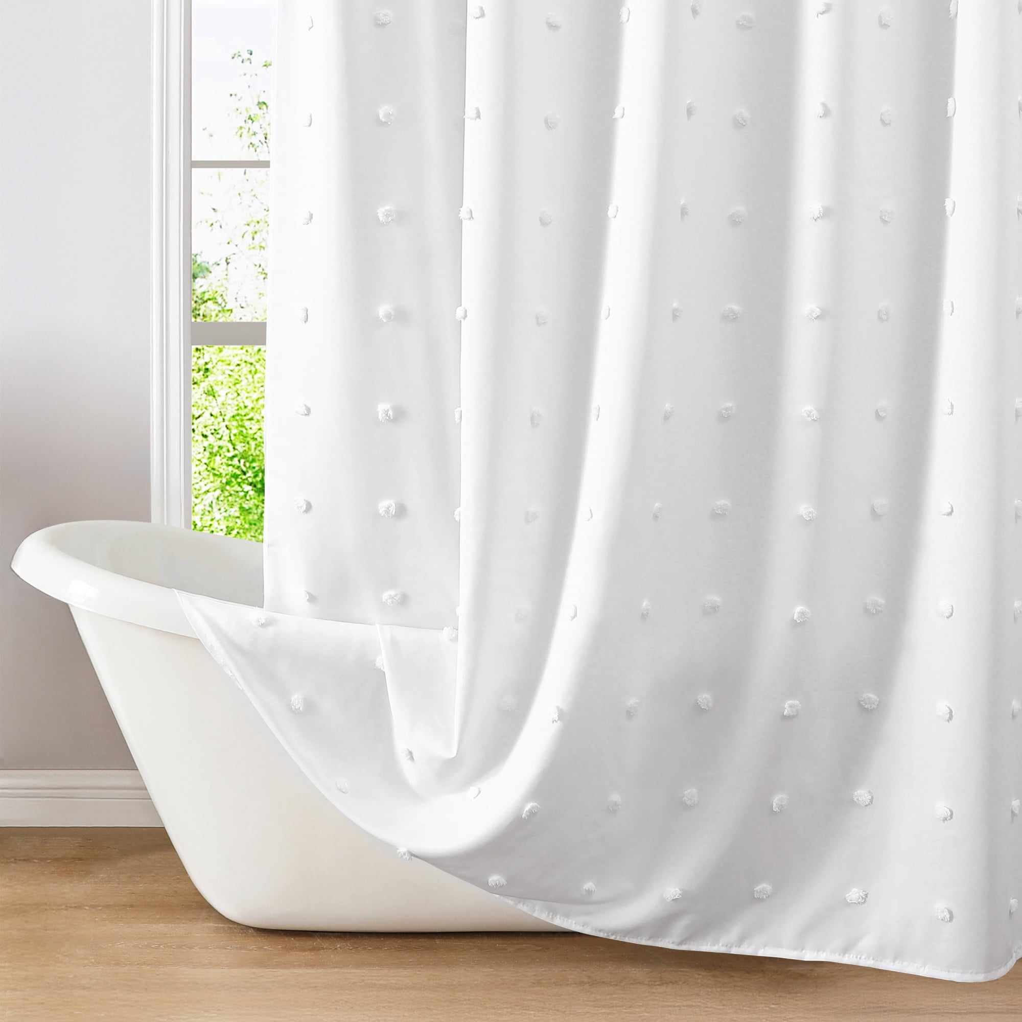 Americanflat 71x71 White Woven Shower Curtain with Tassel And Circle Accents - Includes 12 Grommets and Hooks - 100% Polyester