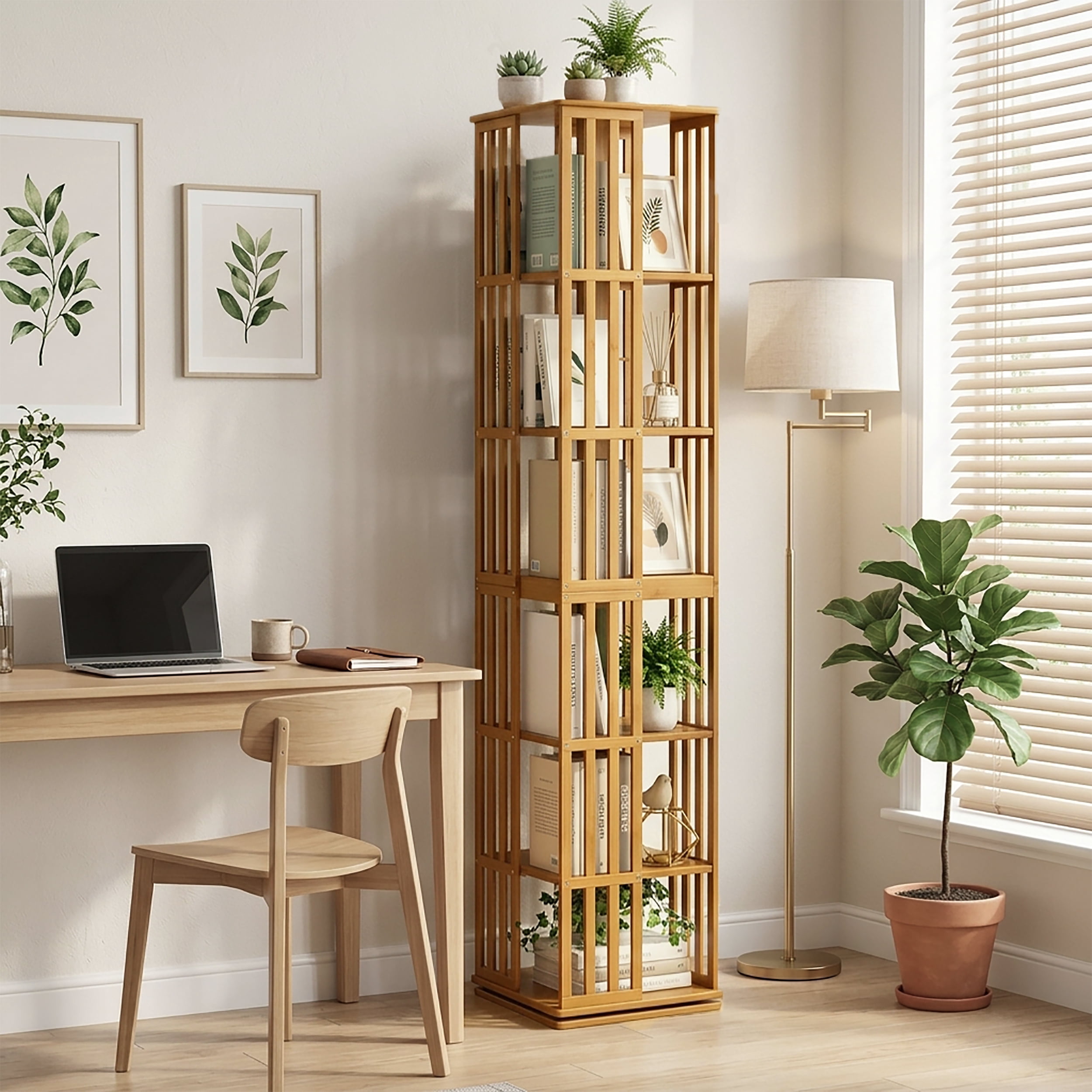 6-Tier 360° Rotating Bamboo Bookshelf Tower, Floor Standing Spinning Bookcase, Narrow Vertical Storage Rack for Kids Adults Home Office