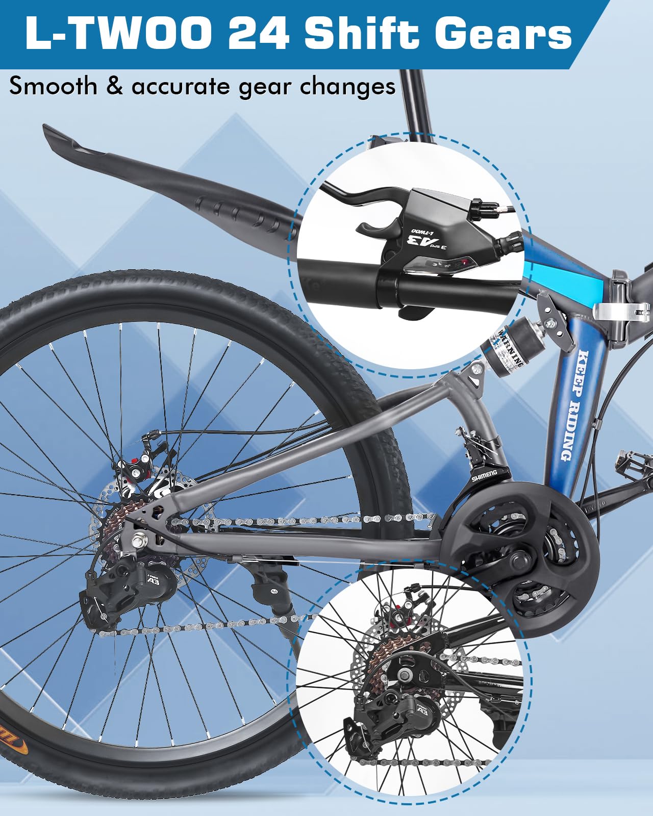 Zacro 26 inch Folding Mountain Bike for Adults, 24 Speed Carbon Fiber Wheels MTB Bicycle, Blue
