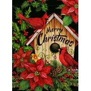 Merry Christmas Cardinal Poinsettia Garden Flag, Winter Holiday Xmas Yard Outdoor Home Decorative Small Flag, Red Bird House Flowers Outside Decoration Farmhouse Burlap Decor Double Sided 12x18