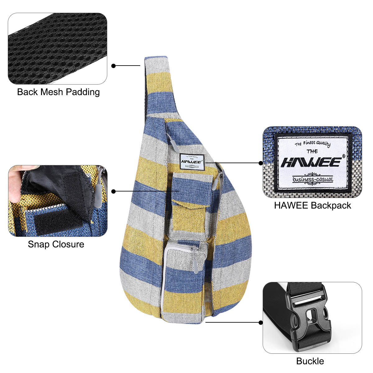 HAWEE Chest Daypack Hiking Backpack Sling Bag Sports Shoulder Travel Crossbody Daypack for Women, Wide Stripes of Yellow/ Blue/Gray - image 4 of 7