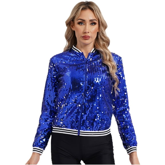 vastwit Womens Sparkly Sequin Baseball Jackets Long Sleeve Zipper Striped Bomber Jacket Royal Blue 16