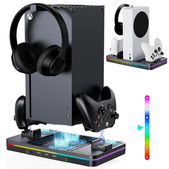 Charging Stand for Xbox Series X/S Console with Cooling Fan Controller Charging Dock and Headset Holder, Xbox Series Accessories with 3 USB Ports, Black
