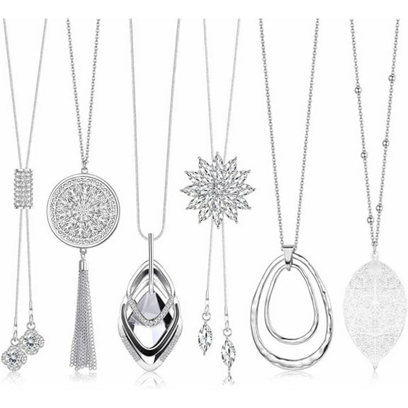 6pcs Long Pendant Necklaces for Women Long Sweater Necklaces Silver Flower Tassel Disk Circle Leaf Statement Sweater Chain Necklace for Women Y Necklace Set Fashion Jewelry