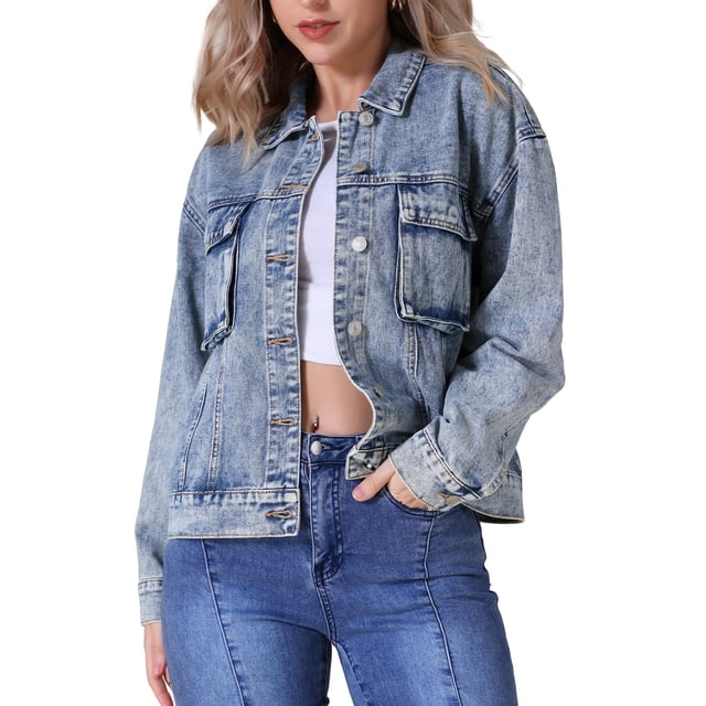 Chaqueta de mezclilla de mujer de gran tamaño INSPIRE CHIC con botones y bolsillos en el pecho en gris azul