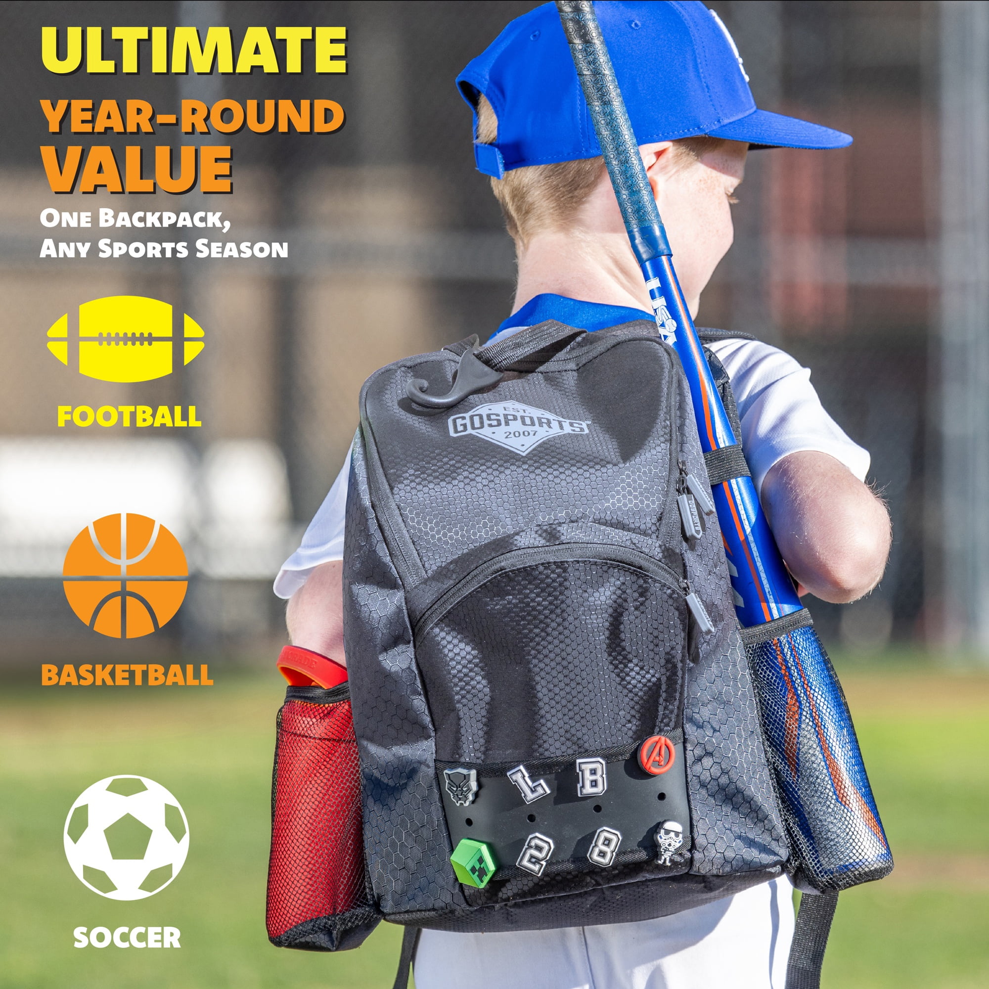 GoSports Youth Baseball and Softball Kids Backpack Bag with Customizable Charm Panel