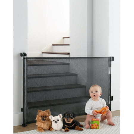 Retractable Mesh Baby & Dog Pet Safety Gate for Stairs & Doorways - 33" Tall, Extends to 55" Wide - Indoor & Outdoor Child Gates for the House, Black