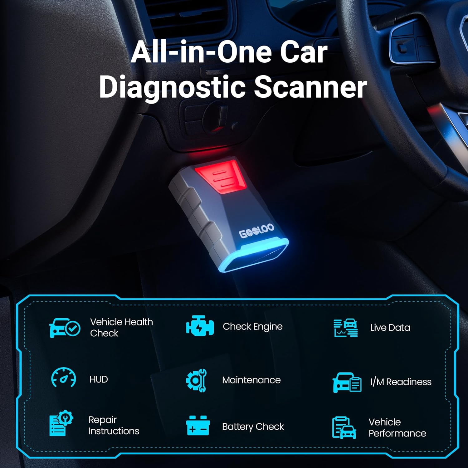 GOOLOO DS100 OBD2 Scanner Bluetooth, Full System Car Diagnostic Tool for iOS & Android, Check Engine Code Reader, 6 Maintenance Functions, Battery Test, HUD Display