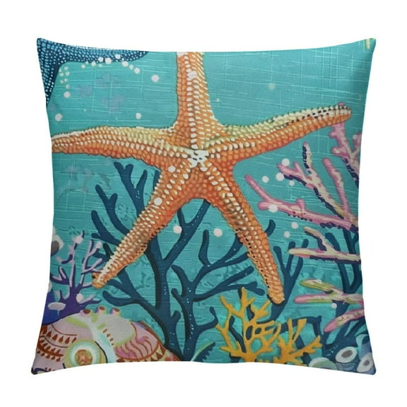 Shiartex Nautical Coastal Pillow Covers Teal Beach Theme Ocean Seashell Coral Starfish Throw Pillow Covers Summer Outdoor Pillow Cases Cushion Covers for Couch Bed Sofa Decor White
