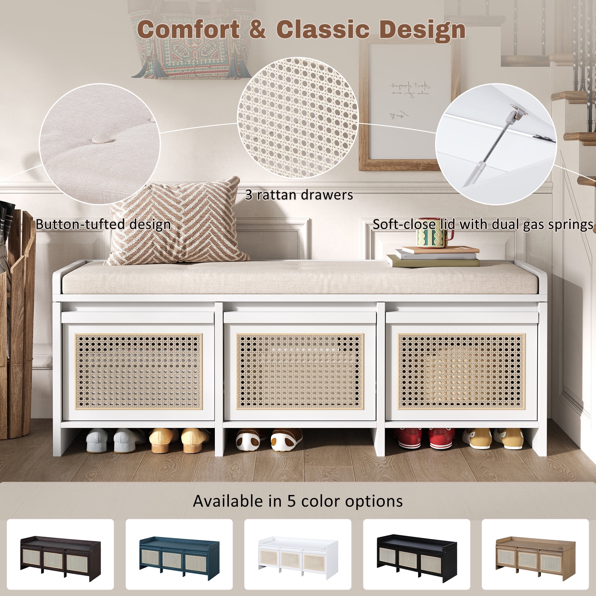 Shoe Bench 48 Inch Entryway Storage Bench with Rattan Drawers and Tufted Cushion, Hallway Seating and Shoe Rack Organizer for Living Room Foyer, White