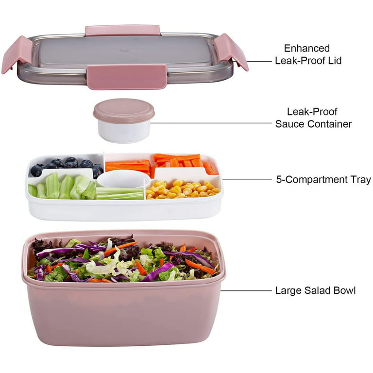 Caperci Large Salad Container with 68-oz Salad Bowl, Leakproof Adult Bento  Lunch Box, 5-Compartment Tray, 2pcs 3-oz Sauce Container, BPA-Free (Pink) 